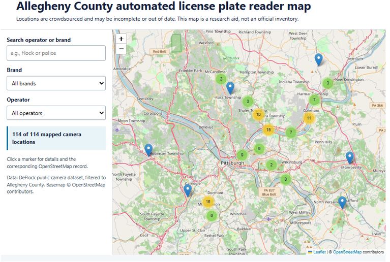 Mapping Automated License Plate Readers in Allegheny County (DeFlock)