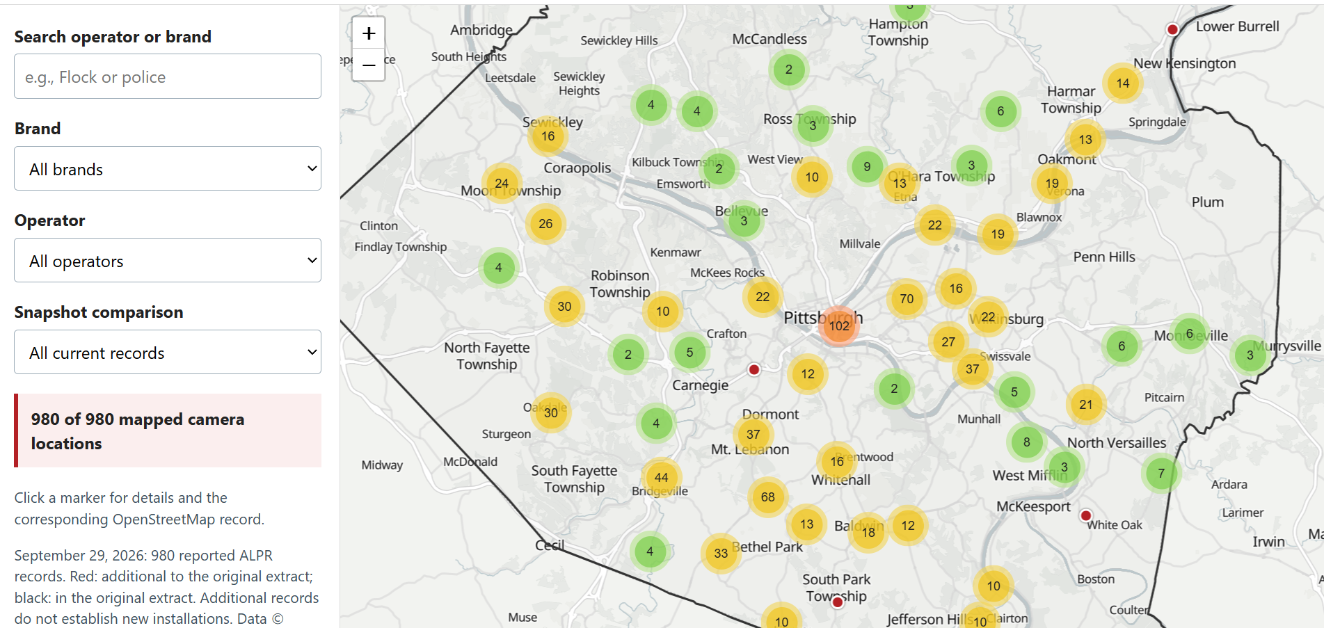 A Fuller Map of Reported License Plate Readers in Allegheny County